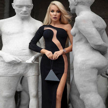 Load image into Gallery viewer, Mesh Spliced Black One Shoulder Long Sleeve High Split Dress