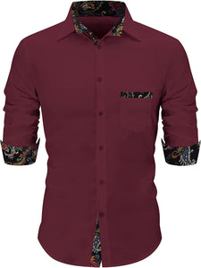 Men's Casual Floral Touch Burgundy Vintage Long Sleeve Shirt