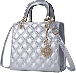 Small Grey Pu Patent Leather Ladies Chain Top Handle Satchel Handbag