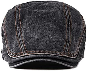 Men's Black Distressed Denim Flat Ivy Newsboy Hat