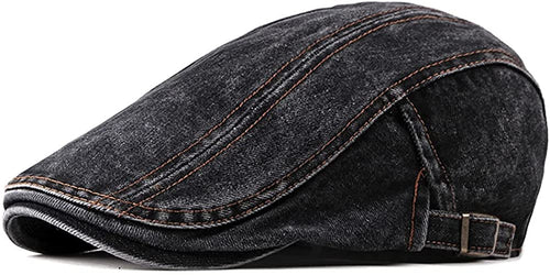 Men's Black Distressed Denim Flat Ivy Newsboy Hat