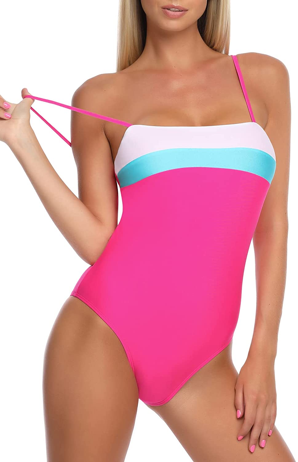 Elizabeth Islands One Piece Neon Rose Color Block Style Adjustable Shoulder Strap Swimsuit