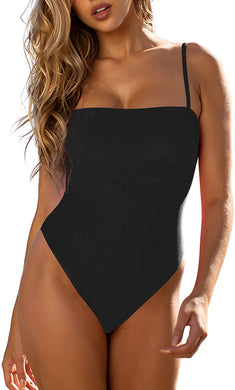One Piece Black Adjustable Shoulder Strap High Cut Bandeau Swimsuit