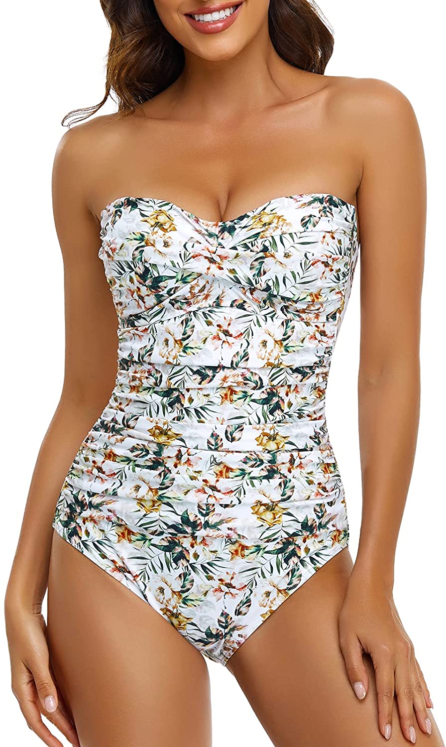 Strapless White Floral Tummy Control One Piece Swimsuit
