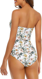 Strapless White Floral Tummy Control One Piece Swimsuit