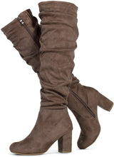 Load image into Gallery viewer, Fitted Calf Taupe Medium Width Slouchy Knee High Dress Boots