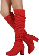 Load image into Gallery viewer, Fitted Calf Red Medium Width Slouchy Knee High Dress Boots