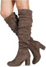 Load image into Gallery viewer, Fitted Calf Taupe Medium Width Slouchy Knee High Dress Boots