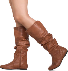 Fashion Tan Slouchy Knee High Hidden Pocket Boots