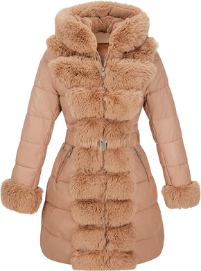 Royal Apricot Puffer Leather Jacket Hooded with Fur Collar