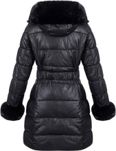 Load image into Gallery viewer, Royal Black Puffer Leather Jacket Hooded with Fur Collar