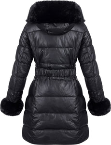 Royal Black Puffer Leather Jacket Hooded with Fur Collar