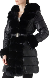 Royal Black Puffer Leather Jacket Hooded with Fur Collar