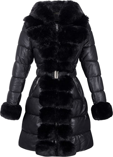 Royal Black Puffer Leather Jacket Hooded with Fur Collar