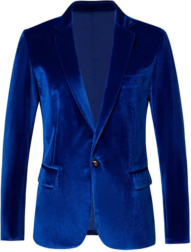 Men's Fashion Velvet Blue Slim Fit Long Sleeve Blazer Jacket