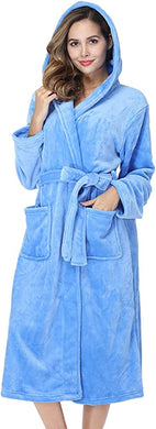 Plush Blue Fleece Hooded Long Sleeve Women's Robe
