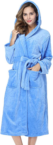 Plush Blue Fleece Hooded Long Sleeve Women's Robe