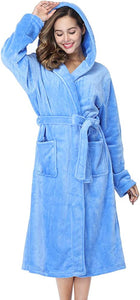 Plush Blue Fleece Hooded Long Sleeve Women's Robe