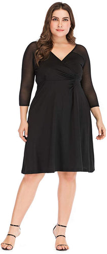 Plus Size Black V-Neck  Casual Long Sleeves Dress