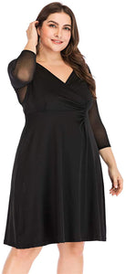 Plus Size Black V-Neck  Casual Long Sleeves Dress