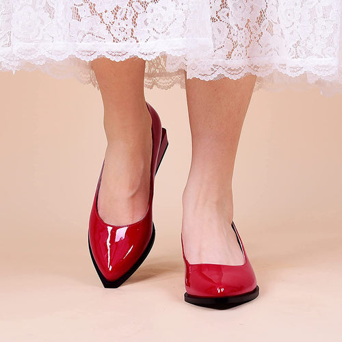 Patent Leather Red Overlapping Square Heel Slip-on Loafers