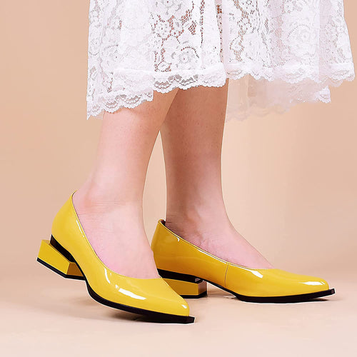 Patent Leather Yellow Overlapping Square Heel Slip-on Loafers