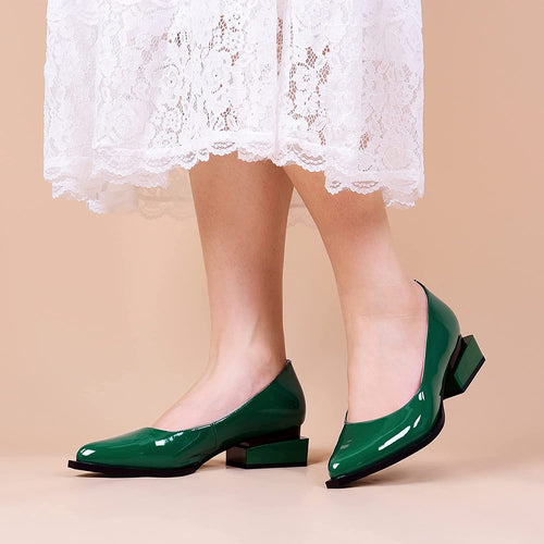 Patent Leather Green Overlapping Square Heel Slip-on Loafers