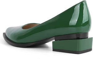 Patent Leather Green Overlapping Square Heel Slip-on Loafers