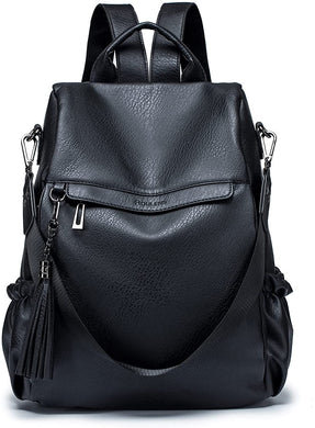 Casual Anti Theft Black Pu Leather Backpack Convertible Shoulder Bag