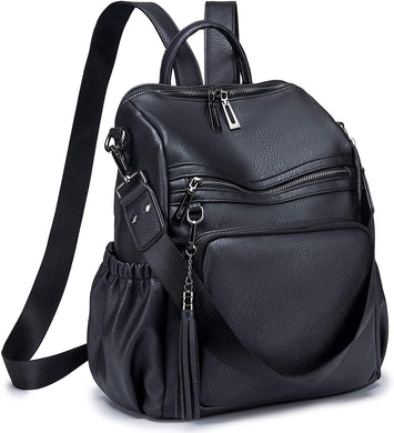 Matte Black Faux Leather Convertible Backpack