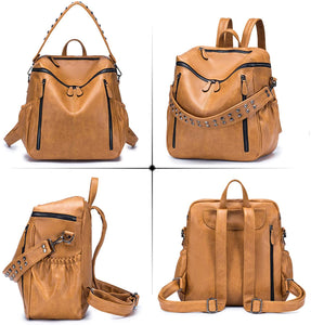 Khaki Brown Faux Leather Convertible Backpack