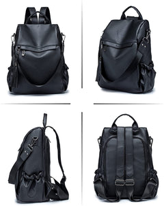 Casual Anti Theft Black Pu Leather Backpack Convertible Shoulder Bag