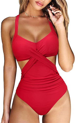 Front Cross Red One Piece Cutout Monokini Swimsuit