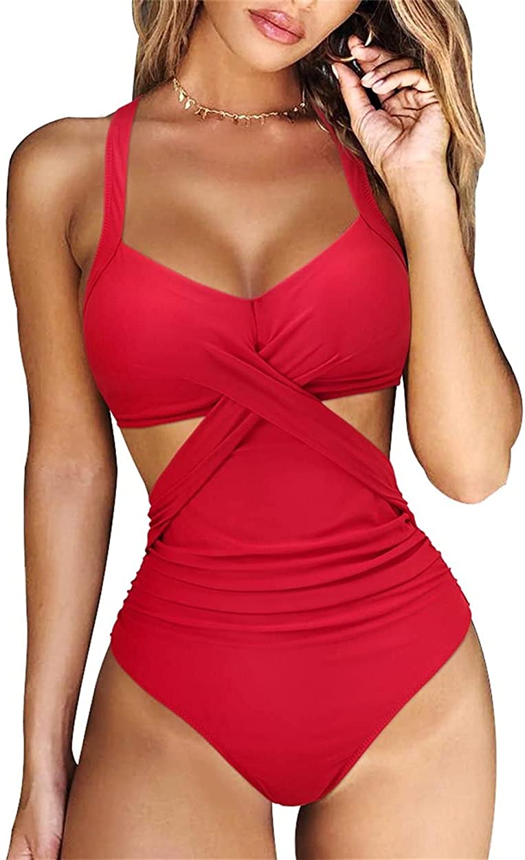 Front Cross Red One Piece Cutout Monokini Swimsuit