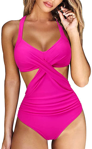 Front Cross Hot Pink One Piece Cutout Monokini Swimsuit