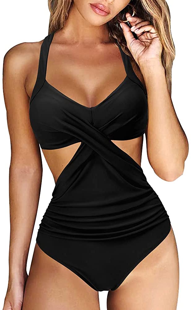 Front Cross Black One Piece Cutout Monokini Swimsuit