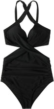 Load image into Gallery viewer, Front Cross Black One Piece Cutout Monokini Swimsuit