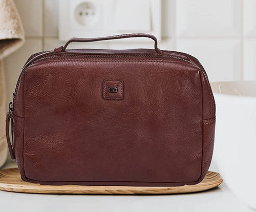 Brown Travel Pouch Organiser With Waterproof Lining Double Compartment