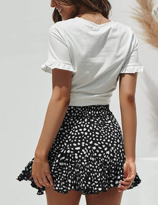 Black Floral Printed Ruffled Drawstring Mini Skirt