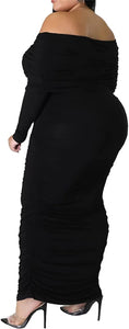 Enchanted Black Ruched Long Sleeves Off Shoulder Maxi Dress