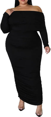 Enchanted Black Ruched Long Sleeves Off Shoulder Maxi Dress