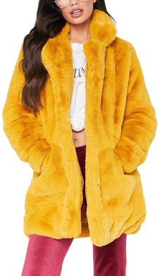Yellow Gold Winter Warm Faux Fur Long Sleeve Coat