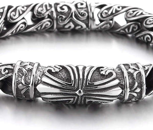 Gods Works Silver Men's Steel Cross Charm Vintage  Chain Bracelet