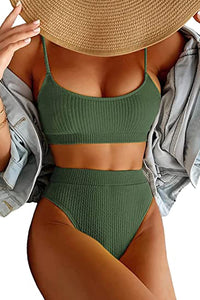 Army Green Ribbed High Waisted Two Piece Bikini Set