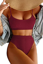 Load image into Gallery viewer, Wine Red Ribbed High Waisted Two Piece Bikini Set