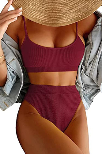 Wine Red Ribbed High Waisted Two Piece Bikini Set