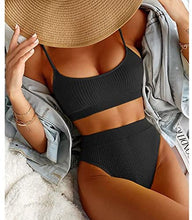 Load image into Gallery viewer, Black Ribbed High Waisted Two Piece Bikini Set