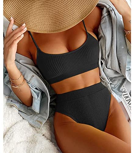 Black Ribbed High Waisted Two Piece Bikini Set