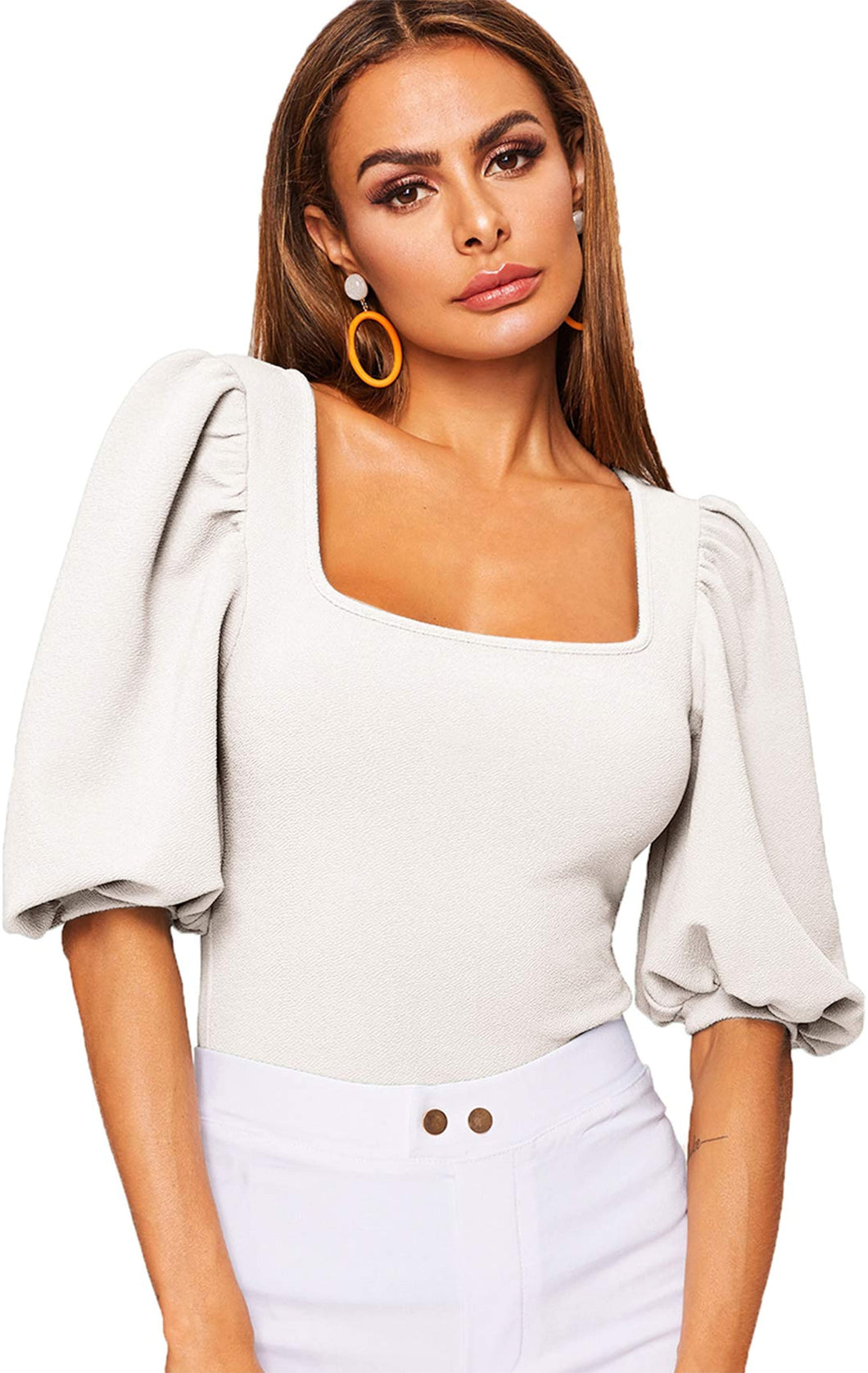 Casual White Puff Sleeve Square Neck Slim Fit Blouse