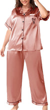 Load image into Gallery viewer, Casual Dusty Pink Satin 2 Piece Button Down Plus Size Sleepwear